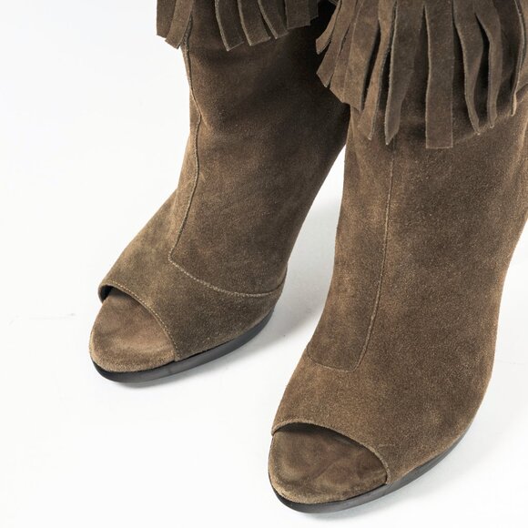 Burberry Pelling Khaki Suede Fringe Peep-Toe Booties - Picture 6 of 10